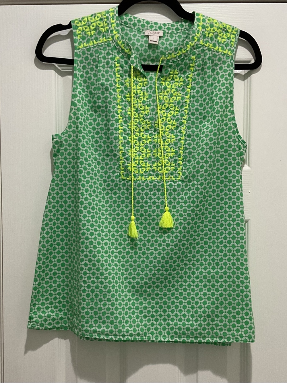 J. Crew Neon Green Geometric Sleeveless Tassel Tank